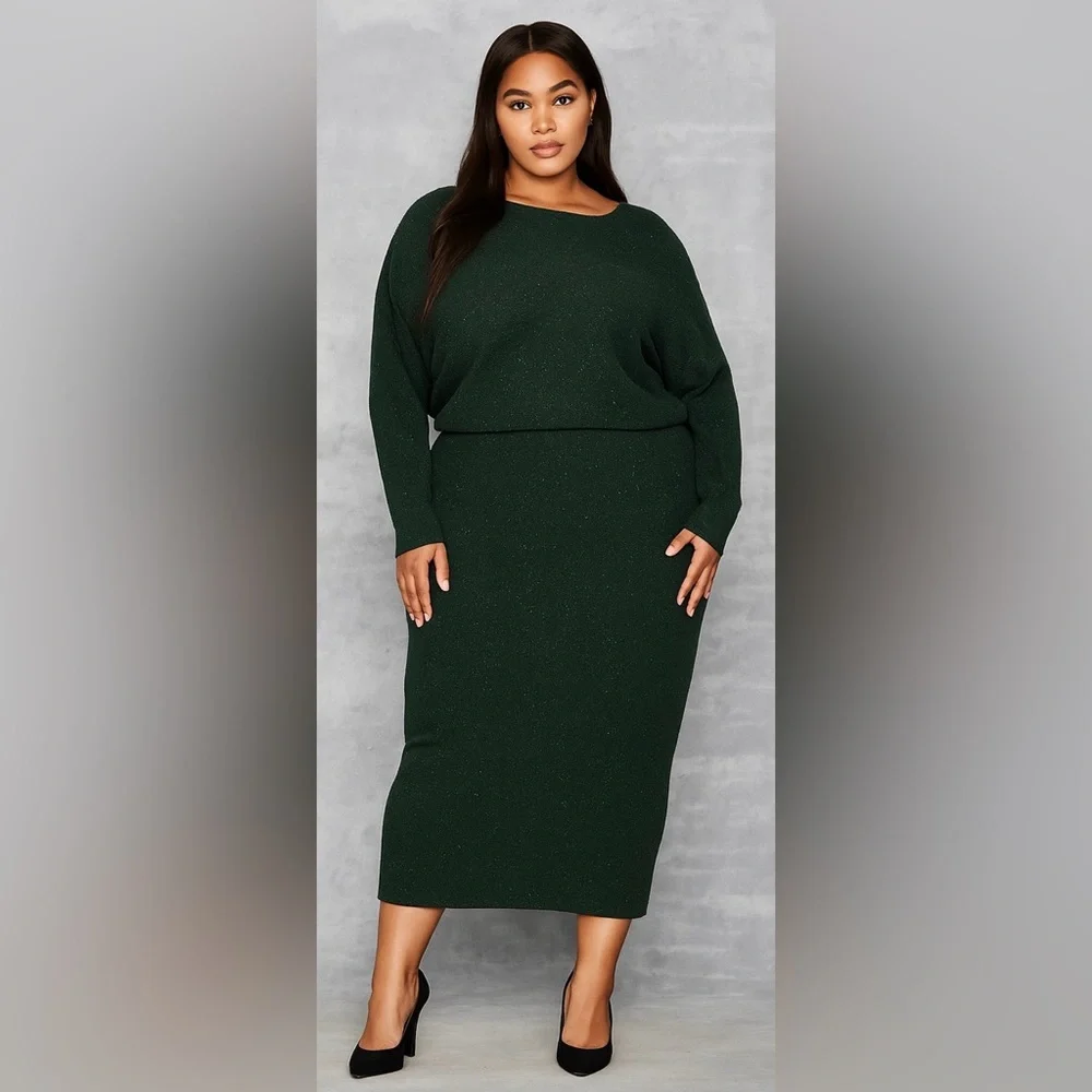 J. Jill 2‎ piece set silk cotton dark green maxi skirt long sleeve sweater plus